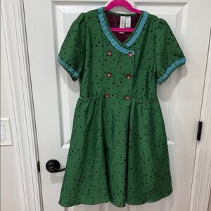 Matilda Jane Green Star Print Double Breasted Dress with Blue Trim Sz 12